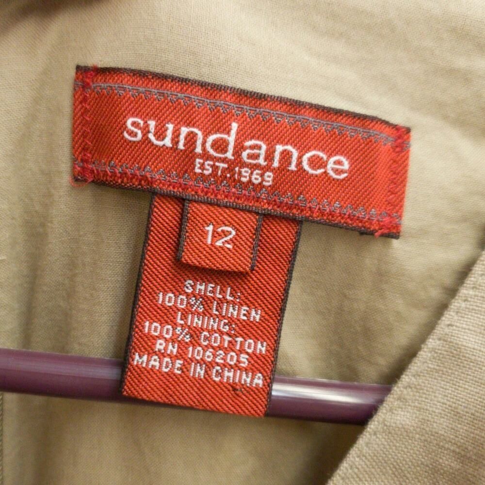 SUNDANCE 100% Linen Tan Lagenlook Surplice Neckline Midi Dress - Picture 4 of 9